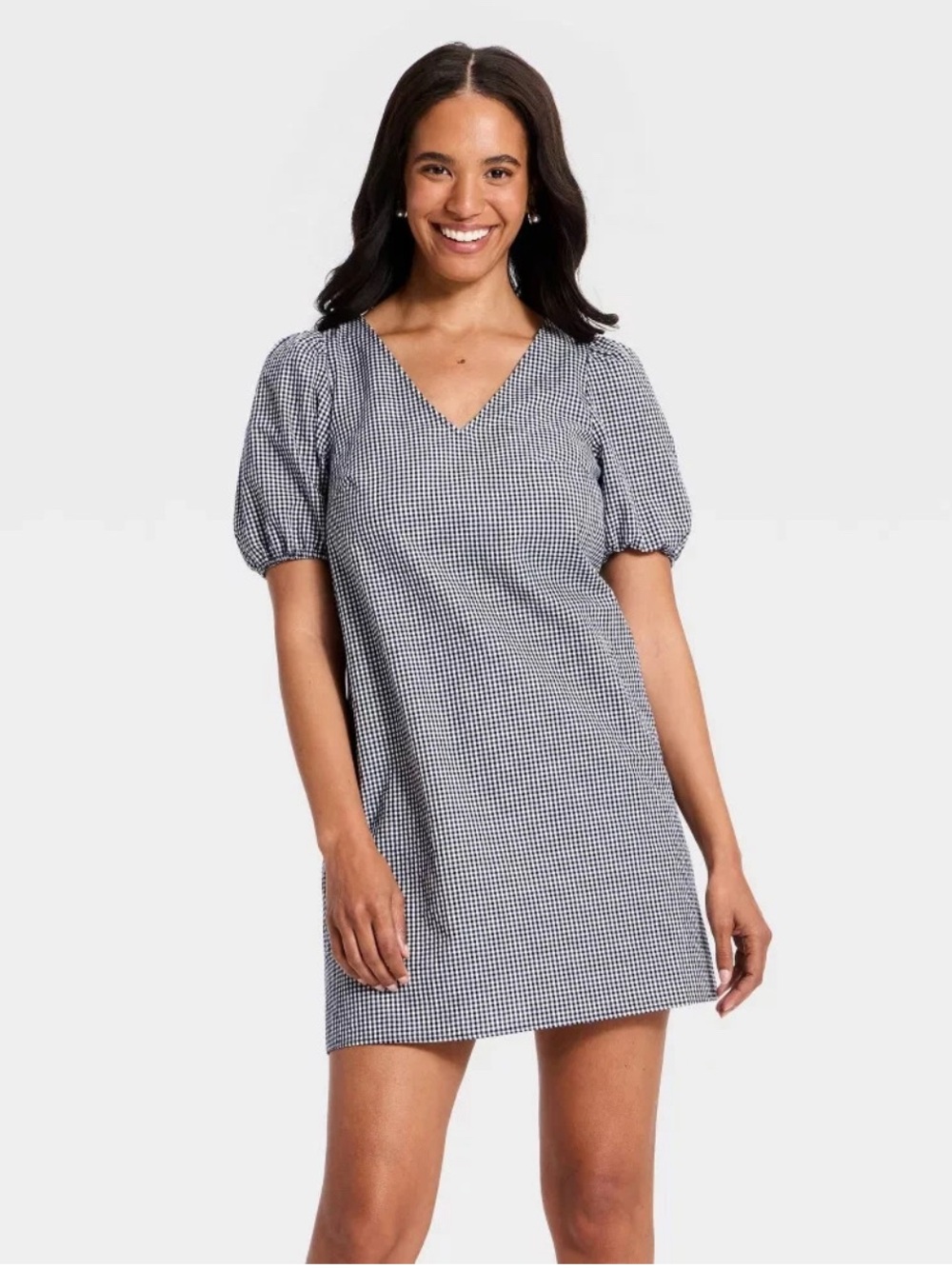 V-Neck Black & White Gingham Puff-Sleeve Mini Dress